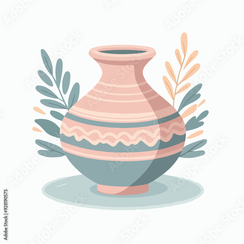 A vase with a green and blue stripe sits on a white plate