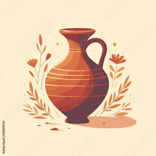 A vase with leaves and flowers is shown in a painting