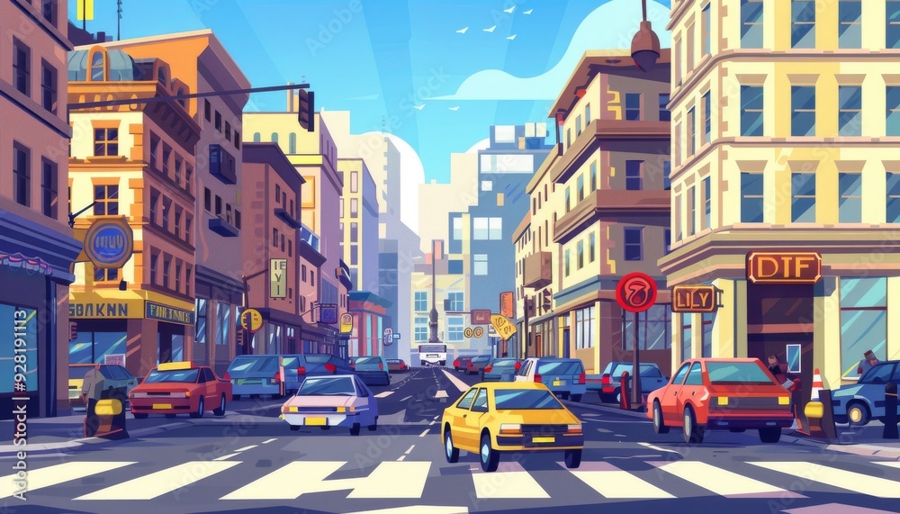 Sunny day in the big city. Iconic skyline with city traffic. Colorful urban landscape. Cartoon 2d cityscape illustration background. Sunny day in the big city. Iconic skyline with city traffic. Colorful urban landscape. Cartoon 2d cityscape illustration background.