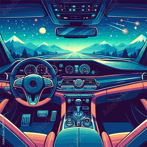 A car is shown with a mountain range in the background