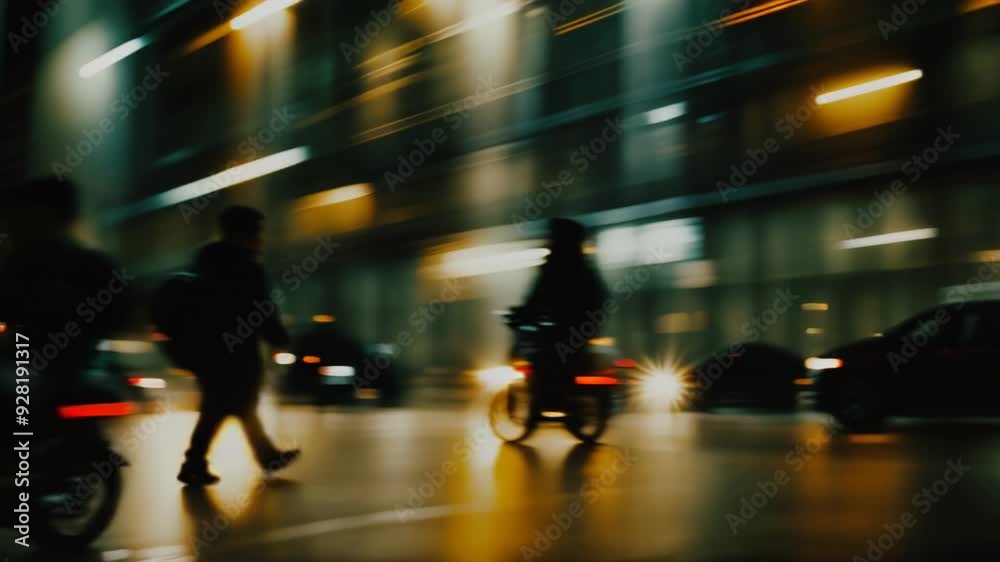 A blurry image of a busy city street with a woman walking down the sidewalk A blurry image of a busy city street with a woman walking down the sidewalk
