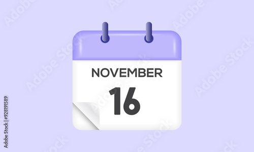 November 16 - calendar and Time planner. Daily Calendar Icon reminder. Vector Illustration.