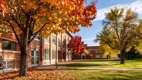 Autumnal School Exterior with Changing Leaves, Framing a Classic Academic Building in a Scenic Vista