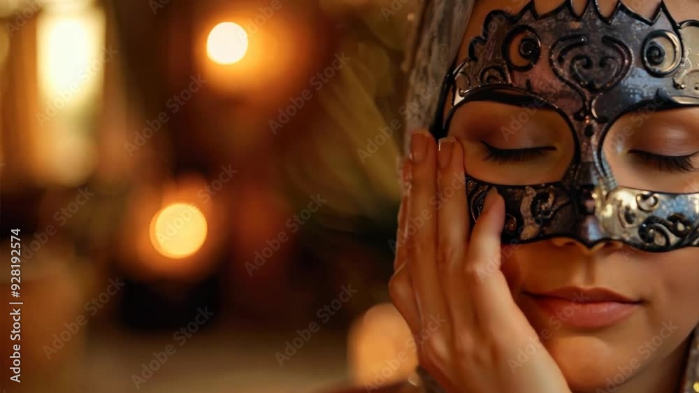 Masquerade Mystery: A captivating portrait of a woman with a silver and black masquerade mask, her eyes closed in a moment of reflection. The soft lighting and blurred background create an air of intr