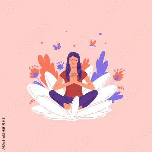 The vector illustration depicts a woman in a lotus position performing breathing exercises for relaxation