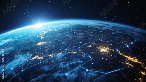 Earth with a network of glowing lines, seen from space.