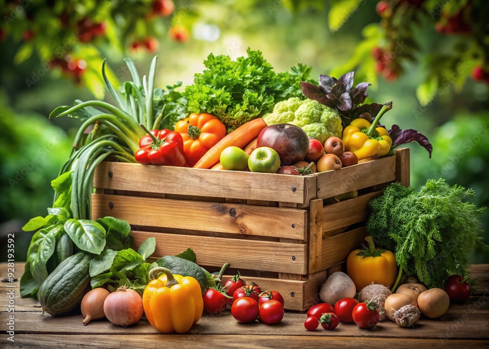 Fresh vegetables and fruits overflow from a rustic wooden crate, surrounded by lush green leaves and earthy tones, evoking a sense of natural abundance. Fresh vegetables and fruits overflow from a rustic wooden crate, surrounded by lush green leaves and earthy tones, evoking a sense of natural abundance.