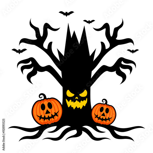 Spooky Halloween Tree Cartoon, Digital Art Illustration.