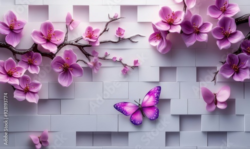 3d wallpaper pink and purple branches flowers and butterfly with bricks, Generative AI