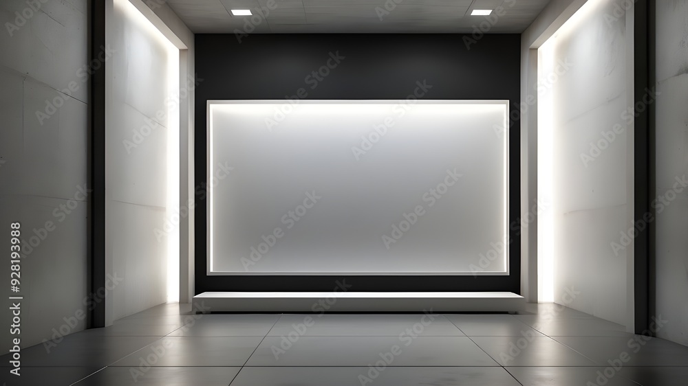 front view of a blank, white, glowing computer panel inside a dimly lit hallway with a black wall and a concrete floor. Concept for the presentation. Sketchup, 3D Animation front view of a blank, white, glowing computer panel inside a dimly lit hallway with a black wall and a concrete floor. Concept for the presentation. Sketchup, 3D Animation