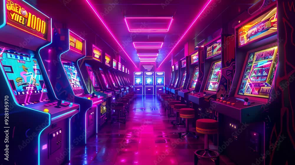 Bright neon lights illuminating a nostalgic arcade game room with rows of classic arcade machines Bright neon lights illuminating a nostalgic arcade game room with rows of classic arcade machines