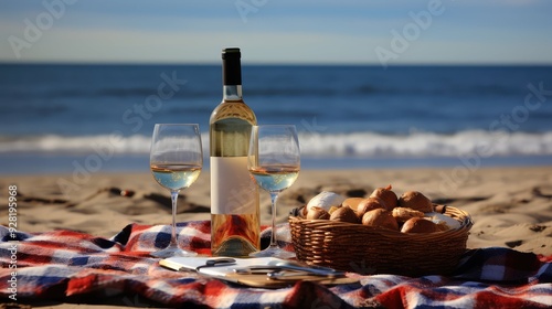 blanket wine bottle beach photo