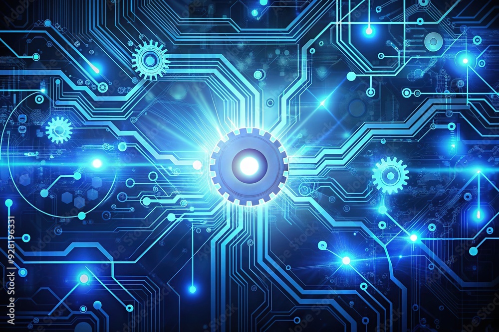Futuristic abstract background with glowing blue circuits, wires, and gears, representing cutting-edge innovation, technology, and progress in a futuristic digital landscape. Futuristic abstract background with glowing blue circuits, wires, and gears, representing cutting-edge innovation, technology, and progress in a futuristic digital landscape.