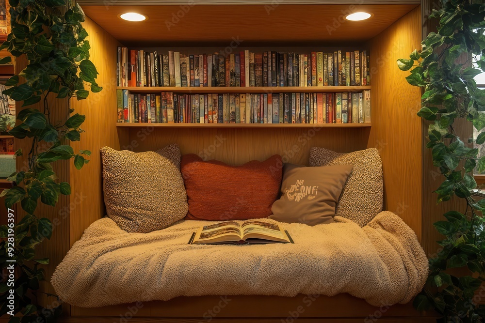 Comfortable reading nook with soft blankets and a good book, emphasizing escapism and relaxation as stress coping strategies Comfortable reading nook with soft blankets and a good book, emphasizing escapism and relaxation as stress coping strategies