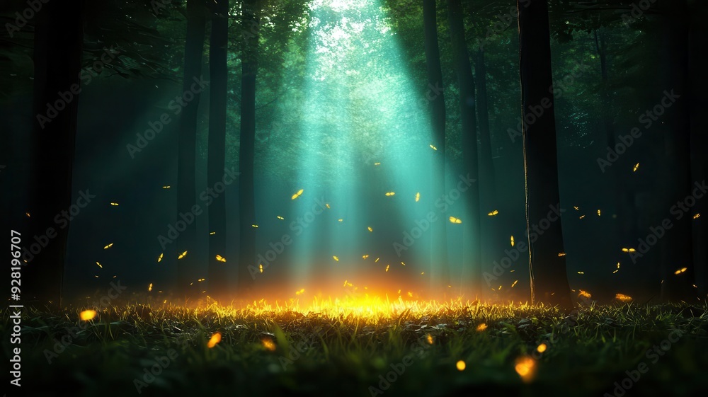 Enchanted fireflies illuminating a lush forest clearing, creating a magical night-time scene Enchanted fireflies illuminating a lush forest clearing, creating a magical night-time scene