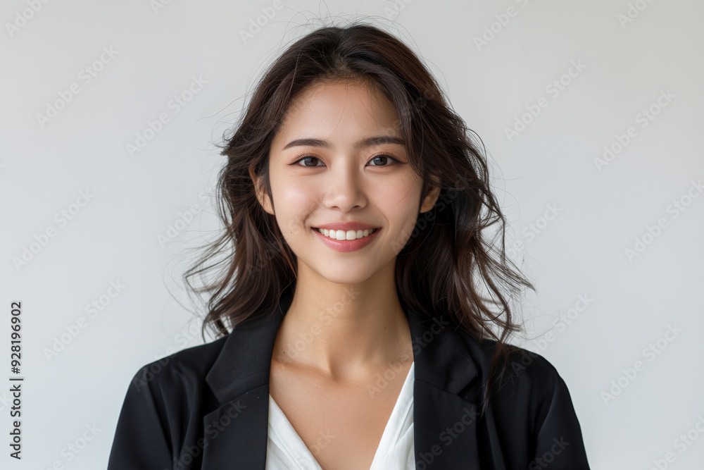 A Smiling Asian woman in black business attire radiates professionalism and approachability, with her well lit face showcasing expressions of confidence and poise on white background. A Smiling Asian woman in black business attire radiates professionalism and approachability, with her well lit face showcasing expressions of confidence and poise on white background.