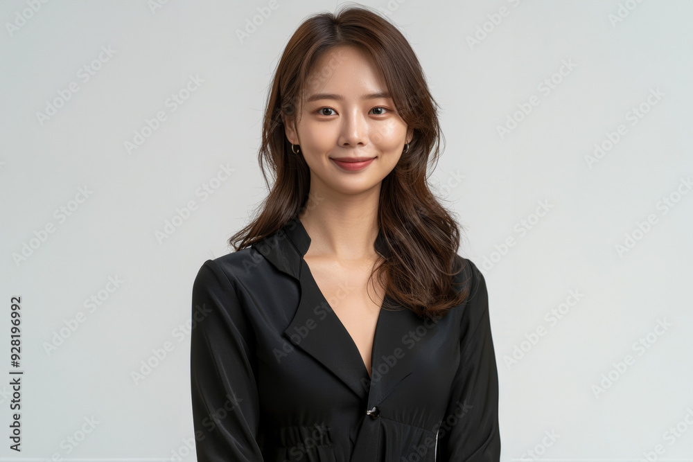A Smiling Asian woman in black business attire radiates professionalism and approachability, with her well lit face showcasing expressions of confidence and poise on white background. A Smiling Asian woman in black business attire radiates professionalism and approachability, with her well lit face showcasing expressions of confidence and poise on white background.