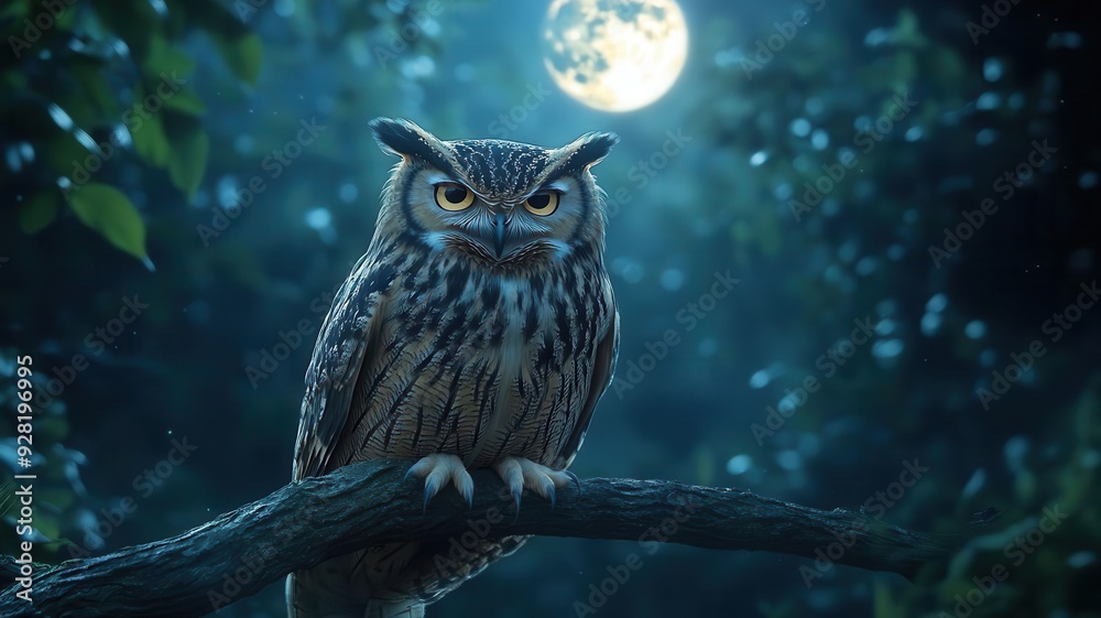 Enigmatic owl perched on a moonlit branch in a dense forest, nocturnal wildlife in natural habitat Enigmatic owl perched on a moonlit branch in a dense forest, nocturnal wildlife in natural habitat