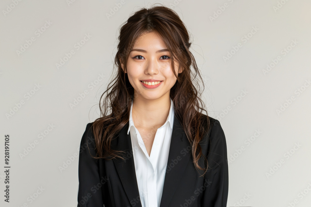 A Smiling Asian woman in black business attire radiates professionalism and approachability, with her well lit face showcasing expressions of confidence and poise on white background. A Smiling Asian woman in black business attire radiates professionalism and approachability, with her well lit face showcasing expressions of confidence and poise on white background.