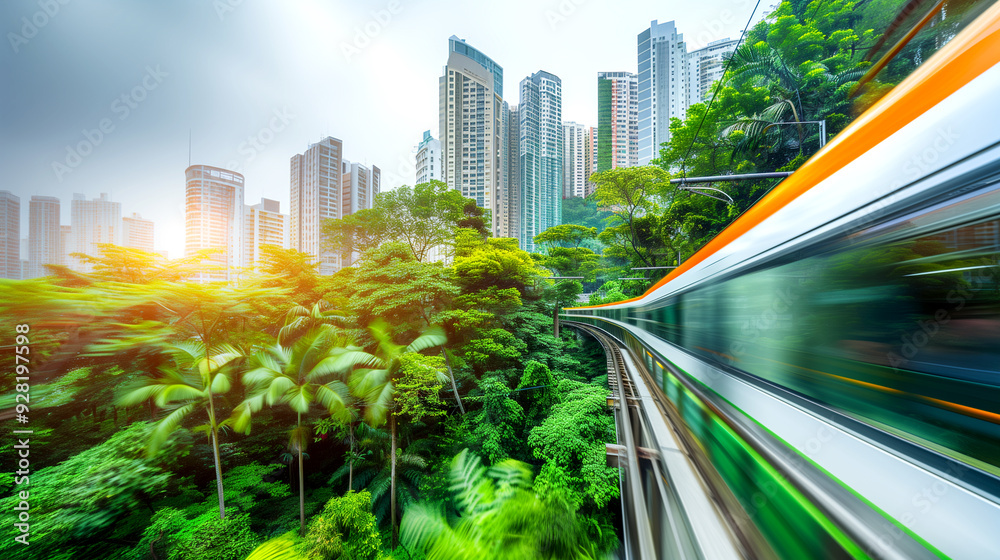 A train is traveling through a lush green forest with tall buildings in the background. The train is moving quickly, creating a sense of motion and energy. The scene conveys a feeling of excitement A train is traveling through a lush green forest with tall buildings in the background. The train is moving quickly, creating a sense of motion and energy. The scene conveys a feeling of excitement