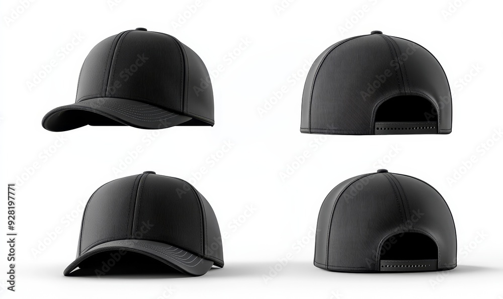 Set of black front and side view hat baseball cap on white background cutout file. Mockup template for artwork graphic design, Generative AI Set of black front and side view hat baseball cap on white background cutout file. Mockup template for artwork graphic design, Generative AI