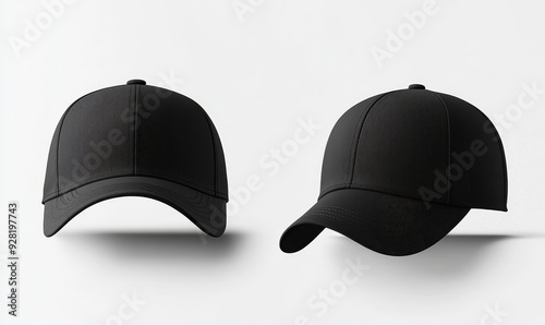 Set of black front and side view hat baseball cap on white background cutout file. Mockup template for artwork graphic design, Generative AI