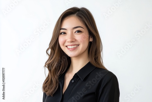 A Smiling Asian woman in black business attire radiates professionalism and approachability, with her well lit face showcasing expressions of confidence and poise on white background.