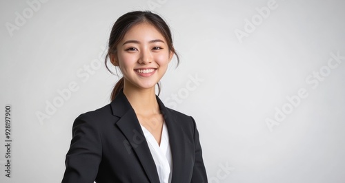 A Smiling Asian woman in black business attire radiates professionalism and approachability, with her well lit face showcasing expressions of confidence and poise on white background.