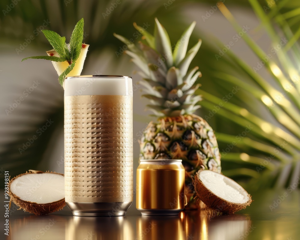 Closeup of a Pina Colada glass with an Amp energy drink can, high resolution, detailed textures, vibrant colors, modern design, high quality Closeup of a Pina Colada glass with an Amp energy drink can, high resolution, detailed textures, vibrant colors, modern design, high quality