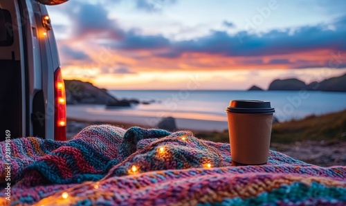 campervan with hot coffee and knitted blanket on the beach at sunset near sea view, Generative AI photo