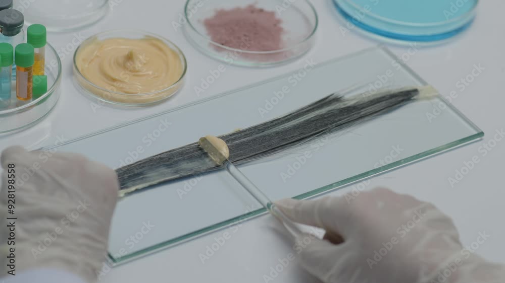 A scientist dyes a wig on a glass plate, surrounded by solutions and dye samples in petri dishes. Basic setting for advertising hair dye or hair care. A scientist dyes a wig on a glass plate, surrounded by solutions and dye samples in petri dishes. Basic setting for advertising hair dye or hair care.