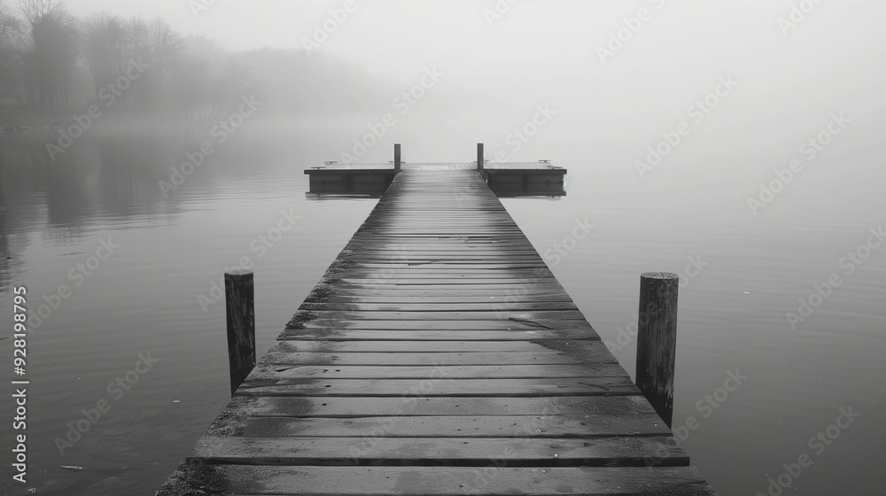 Obraz premium An empty pier extending into a serene lake.