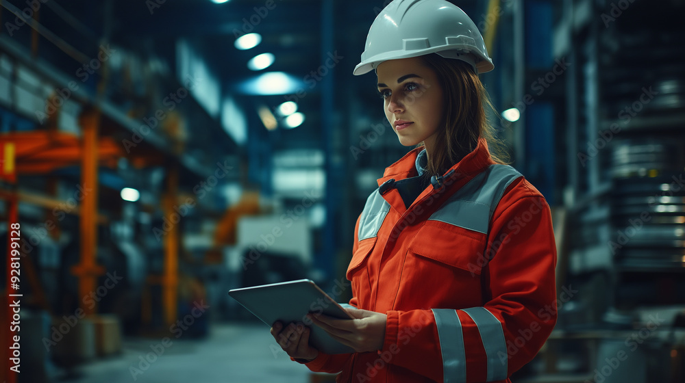 Female construction worker in a warehouse checking plans on a tablet during evening shift Female construction worker in a warehouse checking plans on a tablet during evening shift
