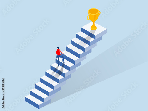 Business people concepts for success.businessman walk up small step stair to reach trophy reward,Isometric vector illustration.