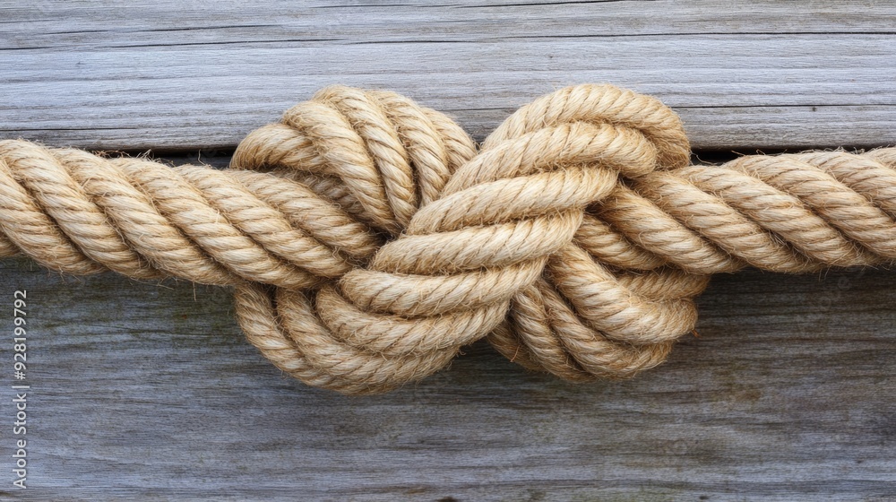 A close-up of a knotted rope against a wooden surface. A close-up of a knotted rope against a wooden surface.