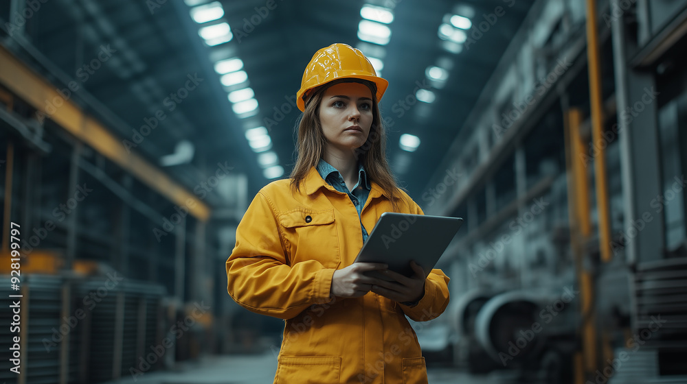 A construction worker in a hard hat reviews plans in a spacious industrial warehouse during the day A construction worker in a hard hat reviews plans in a spacious industrial warehouse during the day