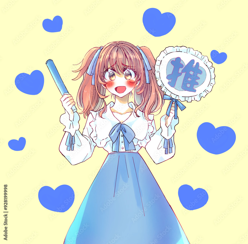 うちわとサイリウムを持って推し活をする女性 悶絶 青 うちわとサイリウムを持って推し活をする女性 悶絶 青