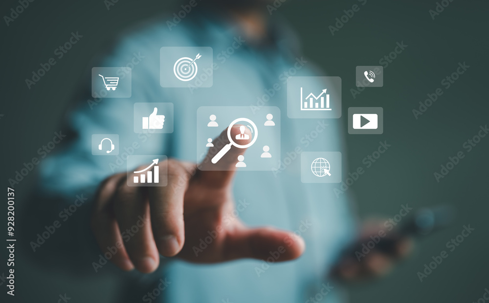Hand touch the sign and icon of Digital marketing internet advertising and sales increase business technology concept, online marketing, E-business, E-commerce, Business online. Hand touch the sign and icon of Digital marketing internet advertising and sales increase business technology concept, online marketing, E-business, E-commerce, Business online.