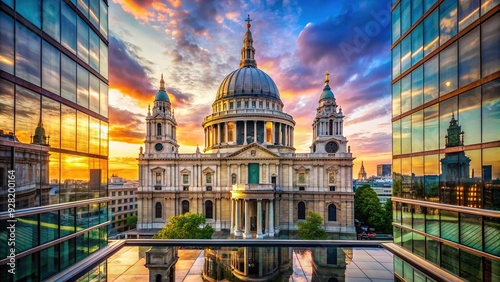 Historic St. Paul's Cathedral rises majestically amidst vibrant cityscape, stunning architectural details and breathtaking stained glass windows reflecting beautiful morning light. photo