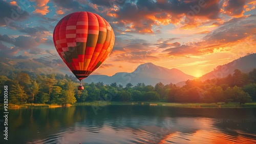 A vibrant hot air balloon soars over a serene lake at sunset, with majestic mountains in the background and a beautifully colored sky. photo