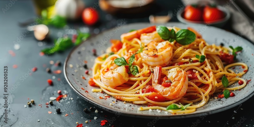 Spaghetti Pasta with Shrimp and Tomato Sauce on a Grey Concrete Table Spaghetti Pasta with Shrimp and Tomato Sauce on a Grey Concrete Table