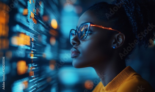 AI cyber security threat illustration, black african american female IT specialist analysing data information technology, augmented reality artificial, Generative AI