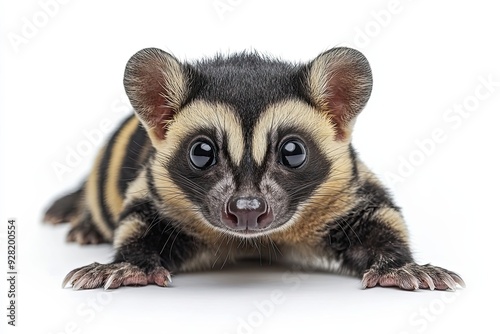 Close-up of a young Asian Palm Civet with dark fur, white stripes, and large black eyes. photo