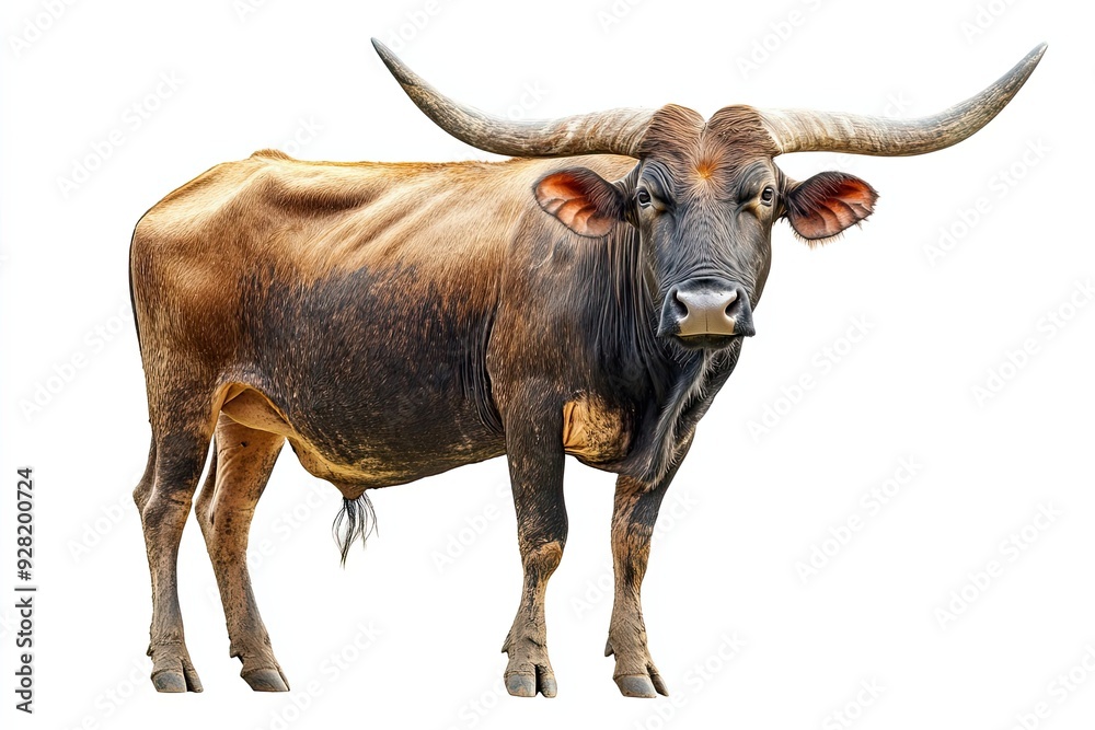 Brown and Black Cow with Large Horns Standing