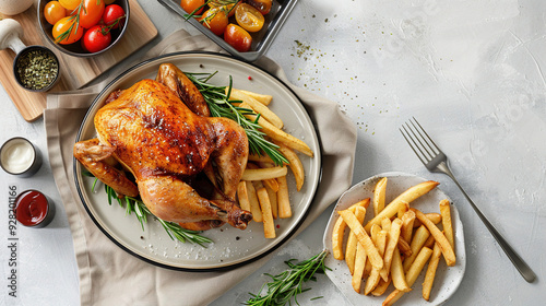 grilled chicken with fried fries on the table. delicious grilled chicken. 