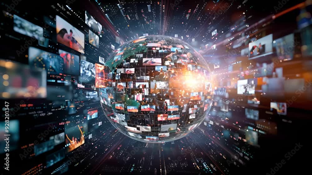 Digital globe surrounded by multimedia screens, representing global connectivity Digital globe surrounded by multimedia screens, representing global connectivity