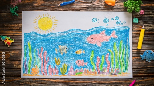 Charming Child's Underwater Fantasy Art, Coral Reef Creatures, Sunlit Ocean World, Whimsical Underwater City Sketch on Wooden Table photo