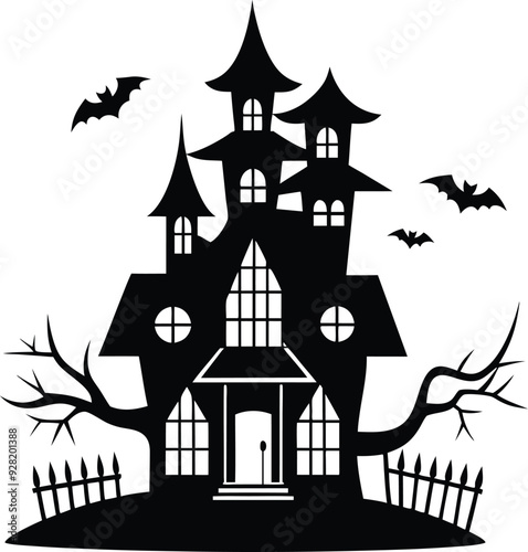 hallowen haunted house silhouette illustration black and white photo