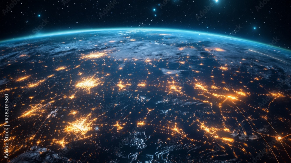 Night view of the Earth with city lights glowing, taken from space. Night view of the Earth with city lights glowing, taken from space.