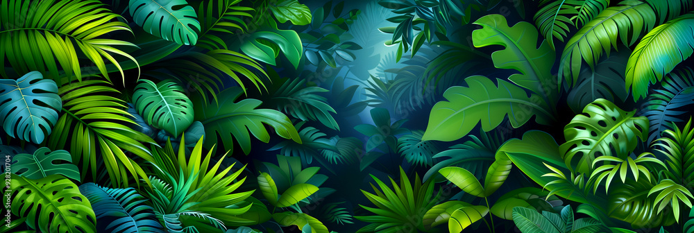 A lush green jungle with many leaves and vines. The jungle is full of life and is a beautiful and peaceful place A lush green jungle with many leaves and vines. The jungle is full of life and is a beautiful and peaceful place